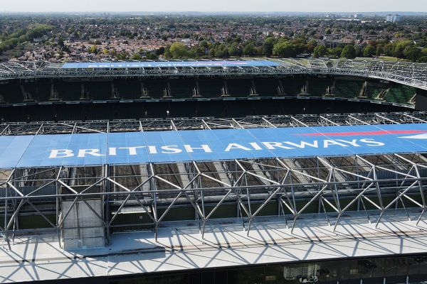 A technically challenging aerial banner installation on RFU Twickenham’s iconic London rugby stadium by Pearce Signs